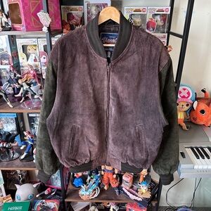Vintage Varsity Bomber Jacket Brown Green Elbow Patches Men’s Large